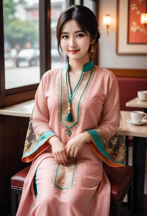 Set within the cozy ambiance of a vibrant café, this enchanting photograph captures a Chinese woman adorned in the exquisite elegance of a traditional salwar kameez. Taken with a Sony α7 III camera, using an 85mm lens at F 1.2 aperture, the background deli...