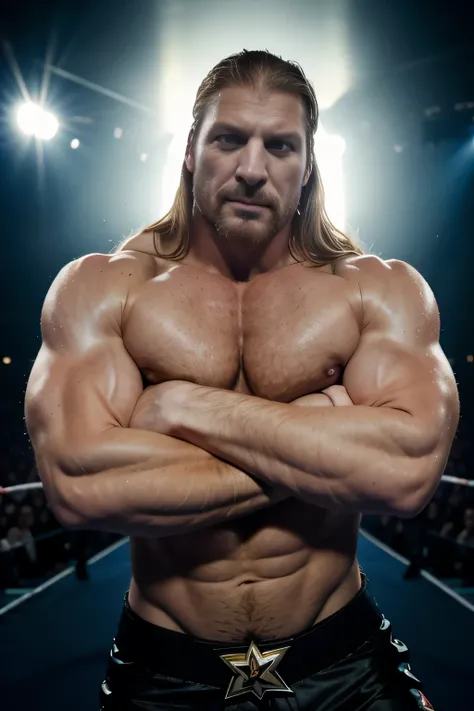 Triple H: professional wrestling, intense, powerful, muscular, charismatic, dominant, WWE superstar, iconic, legendary, long hair, ripped physique, athletic, muscular arms, charismatic smile, intense stare, championship belt, microphone skills, in-ring abi...