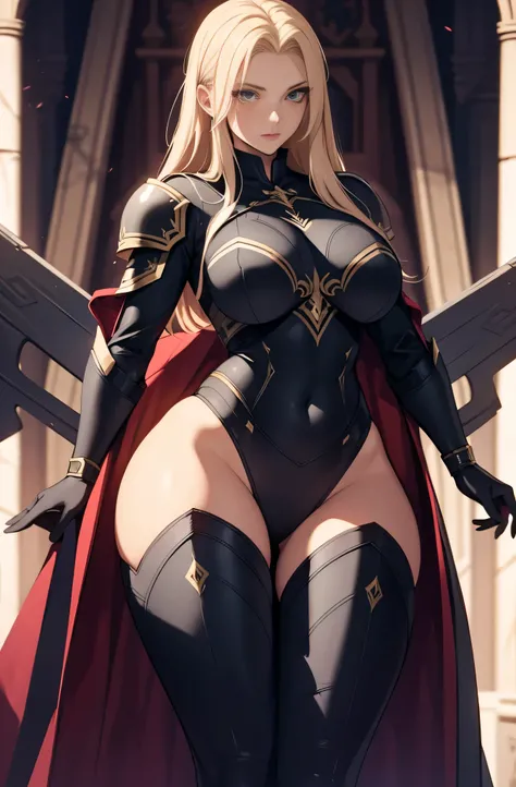 high priestess，Robe，mature woman, female，voluptuous figure，tightsuit，blonde hair, Female, alone, paladin of light, human, light powers, expert fighter, detailed eyes, beautifull face, long hair, defined body, yellow and bright eyes, thick legs, strong legs...