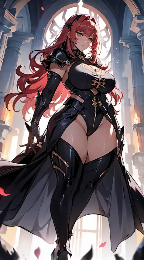 Female, alone, paladin of light, human, light powers, expert fighter, red hair, detailed eyes, beautifull face, long hair, defined body, yellow and bright eyes, thick legs, strong legs, tall, Voluptuous legs, black armor, palading black armor, huge ass, bi...