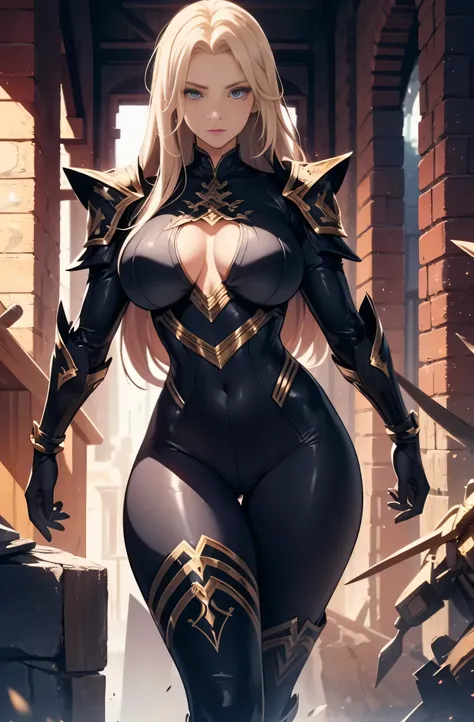 high priestess，Robe，mature woman, female，voluptuous figure，tightsuit，blonde hair, Female, alone, paladin of light, human, light powers, expert fighter, detailed eyes, beautifull face, long hair, defined body, yellow and bright eyes, thick legs, strong legs...