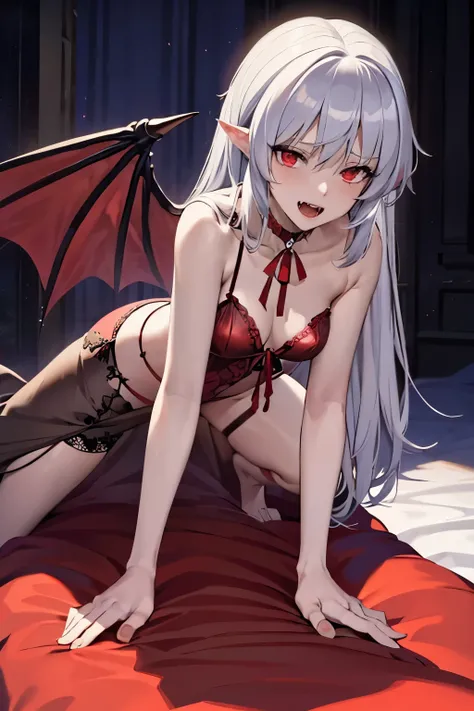 Remilia Scarlet, Pretty face, devil wings, is sitting, Red eyes, erotic body, a dark room, cinematic world, choker on the neck, white stockings, enjoyment, fangs, erotic body