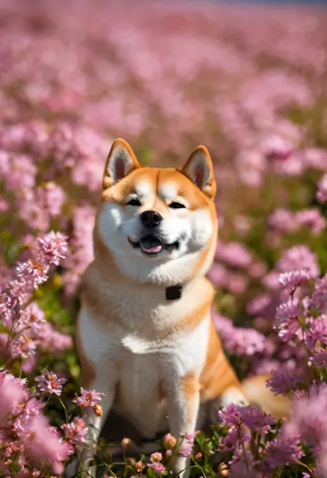 shiba inu in a flower field