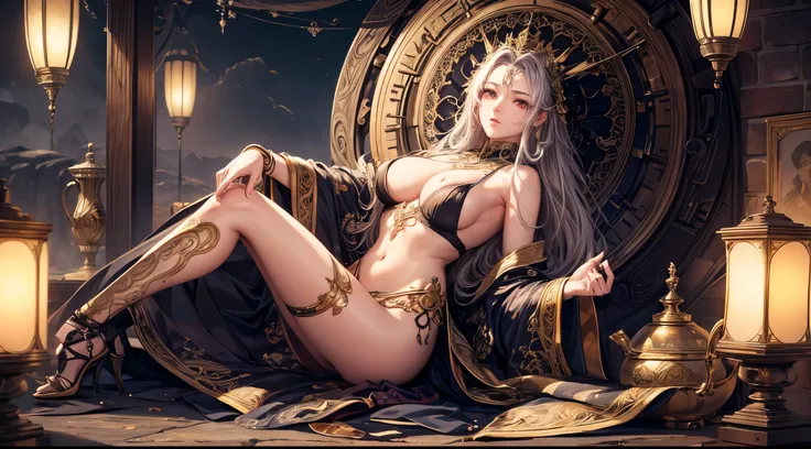 (Masterpiece), (best quality), (8k resolution), (wide angle lens), full body, sexy woman, half-Korean, beautiful, attractive, 27 years old, beautiful fine face, steppe landscape, big clock in the sky, gloomy mood, a Medusa riding at dusk, highest quality, ...