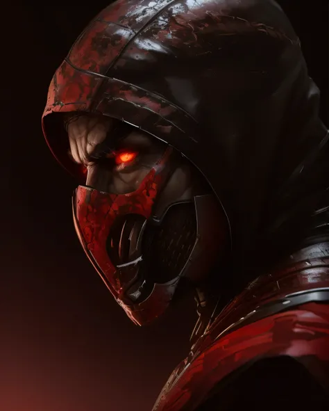 a portrait, scorpion from mortal kombat, detailed snake red eyes, bladk anc white armor, hood, veins on his arm, Intricate, High Detail, Sharp focus, dramatic, photorealistic painting art by greg rutkowski
