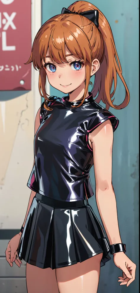 best quality, (masterpiece:1.2), highly detailed, standing, street,
1girl, solo, akatsuki minami,
looking at the viewer, closed mouth, smile, slight blush,
blue eyes, brown hair, ponytail, hair bow, sleeveless, (((dominant girl, latex skirt, latex shirt )...