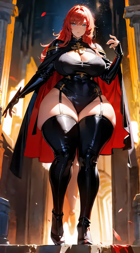 Female, alone, paladin of light, human, light powers, expert fighter, red hair, detailed eyes, beautifull face, long hair, defined body, yellow and bright eyes, thick legs, strong legs, tall, Voluptuous legs, black armor, palading black armor, huge ass, bi...