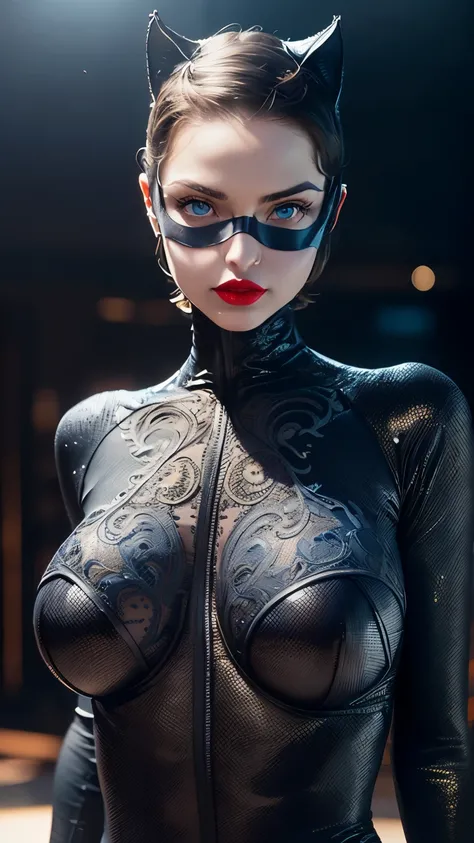 (masterpiece), (extremely intricate:1.4), (realistic), female woman, ((([small breasts:large breasts:0.1], red lips, blue eyes), matte black carbon fiber bodysuit, catwoman mask)), metal reflections, upper body, studio, professional photograph of a stunnin...