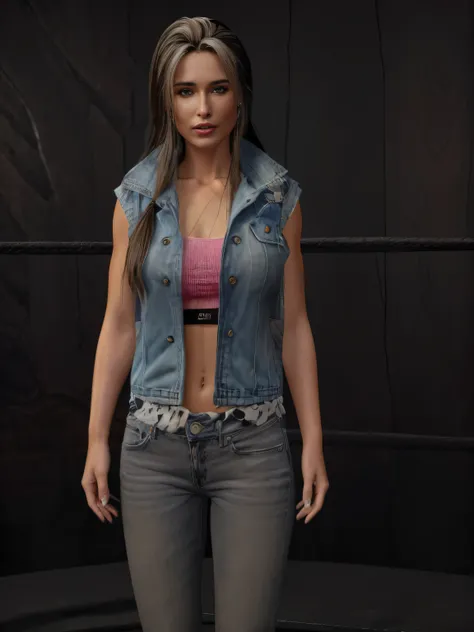 ultra realistic ,highly detailed ,woman wrestler  with black hair and pink bangs  pink top wearing a grey jean vest and grey jean pants,beautiful attractive face, attractive features, beautiful female face and flawless skin, best quality, ultra high res, (...