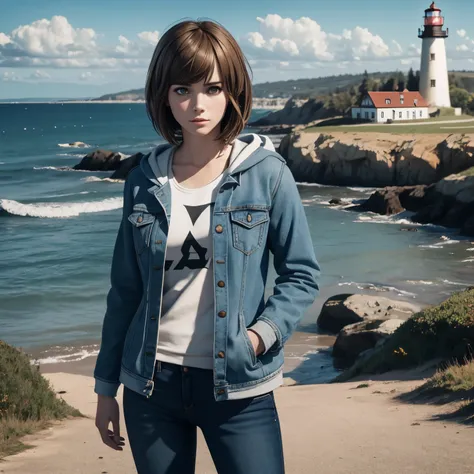 Max Caulfield from Life is Strange, brown short hair, blue eyes, freckles, bangs, wearing pink shirt, grey jacket hoodie, blue jeans, black and white shoes, looking to the side, background seaside town with lighthouse and forest, life is strange portrait s...