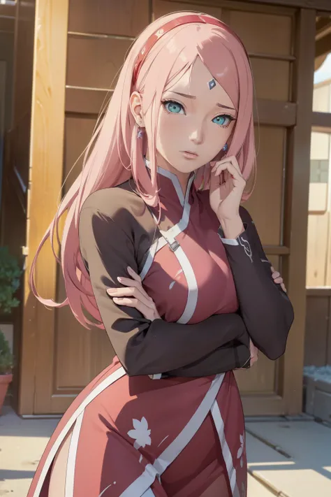 (((((Best quality 4K image)):1.2)), ((Masterpiece:1.2)), Detailed,
Perfect face, Sakura from Naruto Shippuden,
Wearing a long, modest dress, Looking seductively into the camera,
Hips looking juicy, Anime-imagine style,
Exquisite facial features, Three-dime...