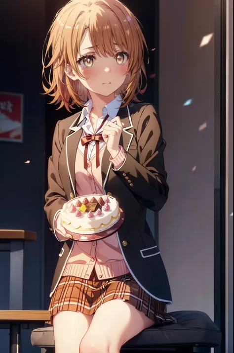 irohaisshiki, Isshiki Iroha, short hair, light brown hair, (Brown ruby eyes:1.5), smile,blush,Tears running down her face,Tears of joy、I cry a lot、break skirt, shirt, ribbon, , Jacket, white shirt, open clothes, socks, open Jacket, black Jacket, plaid, kne...