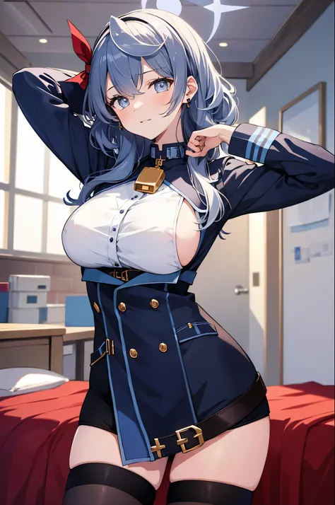 lie in bed,model pose,ako,hairband, halo, bell, neck bell,curvy,sideboob,(huge breasts,erect nipples),(arms behind head),long sleeves, ribbon, thighhighs, earrings, jewelry, skirt,blush,top-quality,Top image quality,perfect anatomy,masterpiece,ultra-detail...