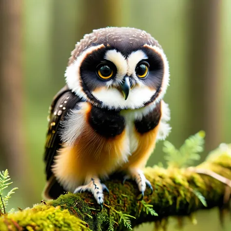 Capture the majestic beauty of a Spectacled Owl (Pulsatrix perspicillata) perched on a moss-covered branch, its distinctive white "spectacles" around its eyes glistening in the soft light of the forest. With keen amber eyes, it watches the world below with...