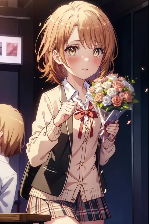 irohaisshiki, Isshiki Iroha, short hair, light brown hair, (Brown ruby eyes:1.5), smile,blush,Tears running down her face,Tears of joy、I cry a lot、break skirt, shirt, ribbon, , Jacket, white shirt, open clothes, socks, open Jacket, black Jacket, plaid, kne...