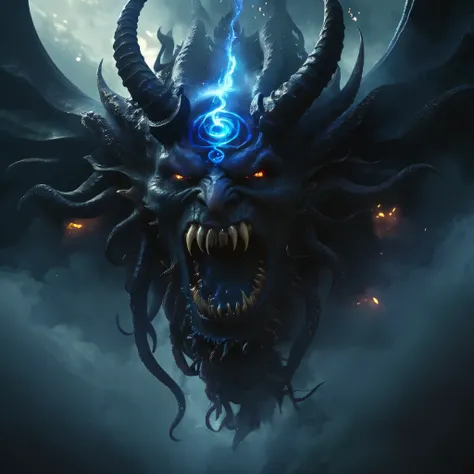 (best quality,4k,8k,highres,masterpiece:1.2),ultra-detailed,(realistic,photorealistic,photo-realistic:1.37),Cosmic horror, a giant demon from another dimension summoned from the magic circle, a deformed head with tentacles and twisted horns, a tremendous n...