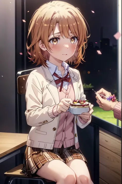 irohaisshiki, Isshiki Iroha, short hair, light brown hair, (Brown ruby eyes:1.5), smile,blush,Tears running down her face,Tears of joy、I cry a lot、break skirt, shirt, ribbon, , Jacket, white shirt, open clothes, socks, open Jacket, black Jacket, plaid, kne...