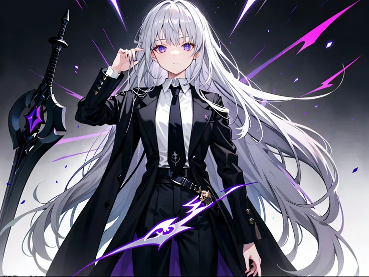 Wearing Darkness,1 girl,gray hair,long hair,Purple left eye,blue right eye,With a dark sword,Countless Swords,aura of darkness,Black darkness,Golden Darkness,black long coat,white shirt,black tie,long pants, girl,1 person