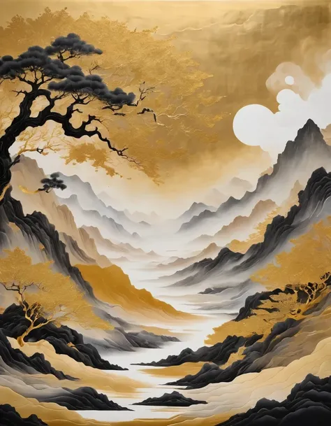 (gold leaf art:1.5),A black and gold-rimmed giant hand fell from the sky, Dunhuang murals as background, minimalist, line art, From front and center to ghostly smoke, Transition from entity to ghost, Smart, powerful and calm, Rich in details, Psychedelic, ...