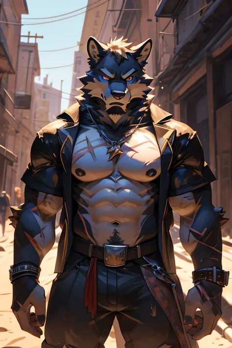 Masterpieces, furry, male, Anthropomorphic, old black wolf, veiny, slender body type, plump six packs, Delicate eyes, white goatee, grizzled fur, glistening body, thug, fighter, tan skin, dirty, depth of field, bright lighting, (best quality),(masterpiece)...