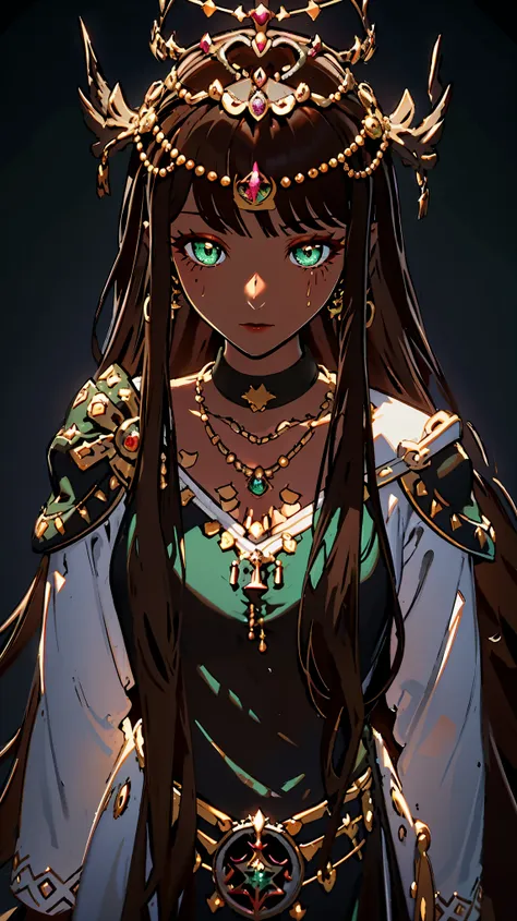 {{{{masterpiece}}}}, {{{Super detailed}}}, {{{high resolution}}}, {{good anatomy}}, (((best quality))),((emerald eyes,brown hair)),{{Extremely detailed and refined}}, {4k CG wallpaper}, {{illustration}}, ((dark skin,african lady,dark brown skin)),((zoom in...