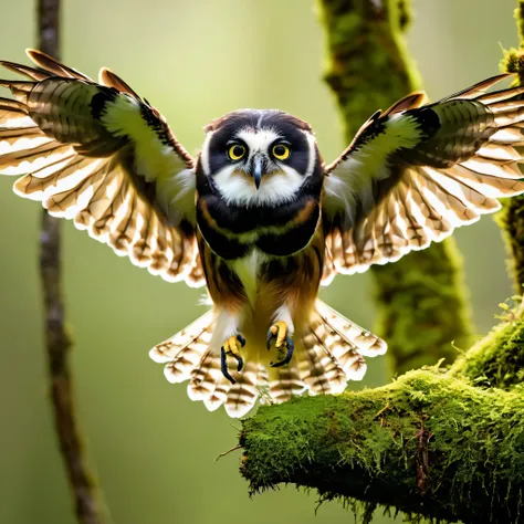 immerse yourself in the captivating sight of a spectacled owl (pulsatrix perspicillata) gracefully spreading its wings while per...