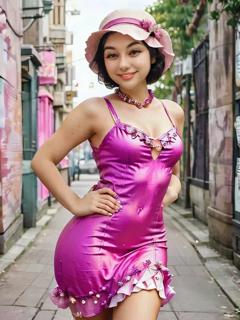 arafed photo of a woman in a pink dress with hearts and white hat posing for a picture, smiling, airmax12,1 9 3 0 style, 1 9 2 0 cloth style, wearing a dress made of beads, cheongsam, 1 9 2 0 s, 1920s, 1 9 2 0 s cloth style, 1 9 3 0 s, 1930s