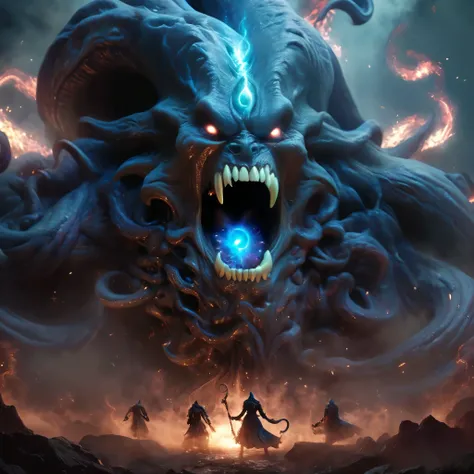 (best quality,4k,8k,highres,masterpiece:1.2),ultra-detailed,(realistic,photorealistic,photo-realistic:1.37),Giant demons with three faces from another dimension summoned from the magic circle, cosmic horror, deformed heads with tentacles and twisted horns,...