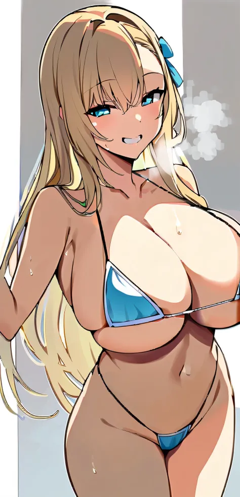 (masterpiece, best quality:1.2), 1girl, solo,standing_split, huge breast, long hair, blonde hair, hair ornament, blue eyes, lustful expression, dropping sweat, smile, heavy breathing, transparent bikini, Ichinose Asuna