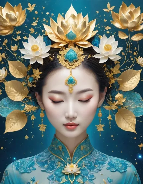 (gold leaf art:1.5)，imagine a tranquil scene inspired by buddhist philosophy，a vibrant lotus flower stands against a background ...