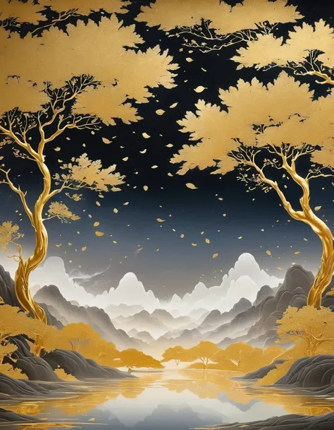 (gold leaf art:1.5)，black gold-rimmed bodhi tree falls from the sky, dunhuang murals as background, minimalist, line art, from f...