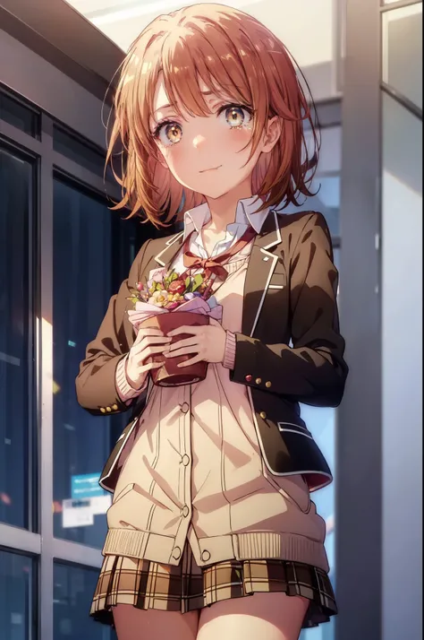 irohaisshiki, Isshiki Iroha, short hair, brown hair, (Brown ruby eyes:1.5), smile,blush,Tears running down her face,Tears of joy、I cry a lot、break skirt, shirt, ribbon, , Jacket, white shirt, open clothes, socks, open Jacket, black Jacket, plaid, knee high...