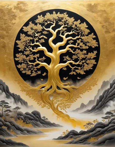 (gold leaf art:1.5)，black gold-rimmed bodhi tree falls from the sky, dunhuang murals as background, minimalist, line art, from f...