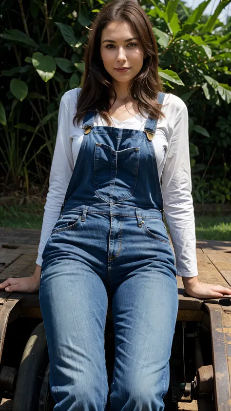 perfect image, maximum details, thin, tall model, long dark brown hair, dressed in denim overalls, sitting on a tractor in the middle of a corn plantation.  Outdoor