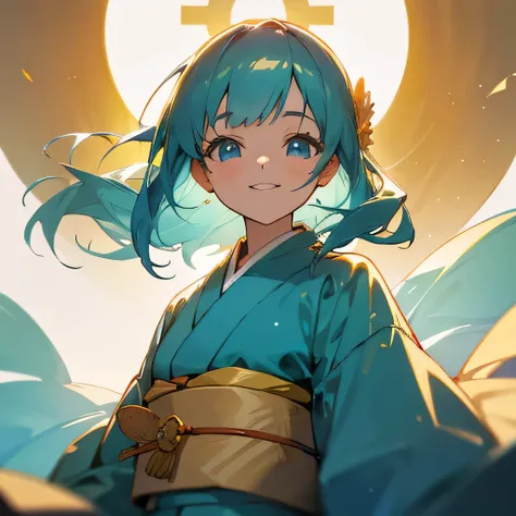 high resolution　Two-dimensional beautiful girl　Front facing　kimono　coastal　blue　gold　Shining eyes　smiling　