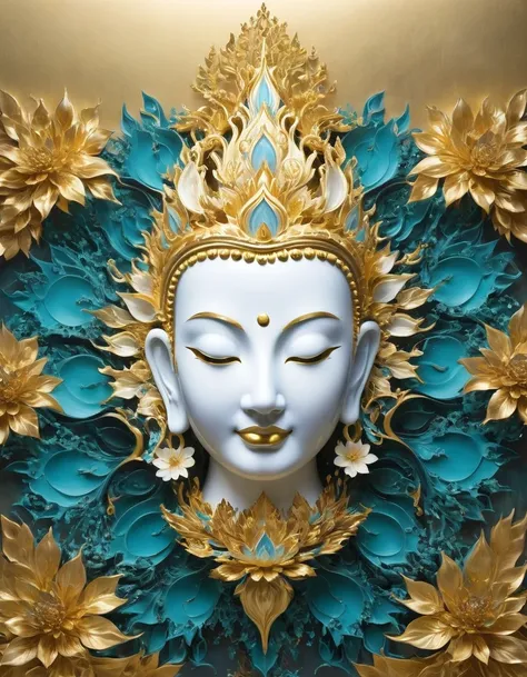 (gold leaf art:1.5)，Imagine a tranquil scene inspired by Buddhist philosophy，A vibrant lotus flower stands against a background of intense turquoise tones。The lotus symbolizes purity and enlightenment，Complex petals bloom，exudes a sense of tranquility。As y...