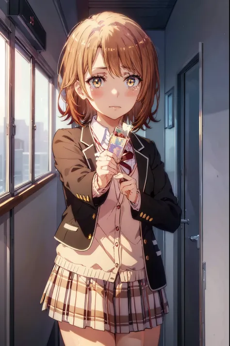 irohaisshiki, Isshiki Iroha, short hair, brown hair, (Brown ruby eyes:1.5), smile,blush,Tears running down her face,Tears of joy、I cry a lot、break skirt, shirt, ribbon, , Jacket, white shirt, open clothes, socks, open Jacket, black Jacket, plaid, knee high...