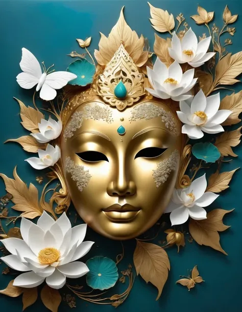 (gold leaf art:1.5)，Imagine a tranquil scene inspired by Buddhist philosophy，A vibrant lotus flower stands against a background of intense turquoise tones。The lotus symbolizes purity and enlightenment，Complex petals bloom，exudes a sense of tranquility。As y...