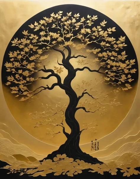 (gold leaf art:1.5)，black gold-rimmed bodhi tree falls from the sky, dunhuang murals as background, minimalist, line art, from f...