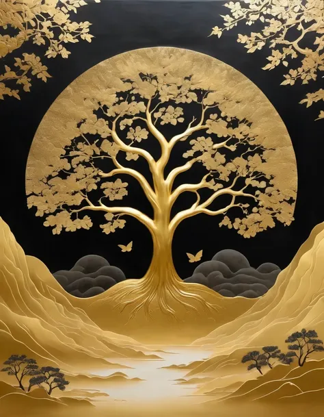 (gold leaf art:1.5)，black gold-rimmed bodhi tree falls from the sky, dunhuang murals as background, minimalist, line art, from f...