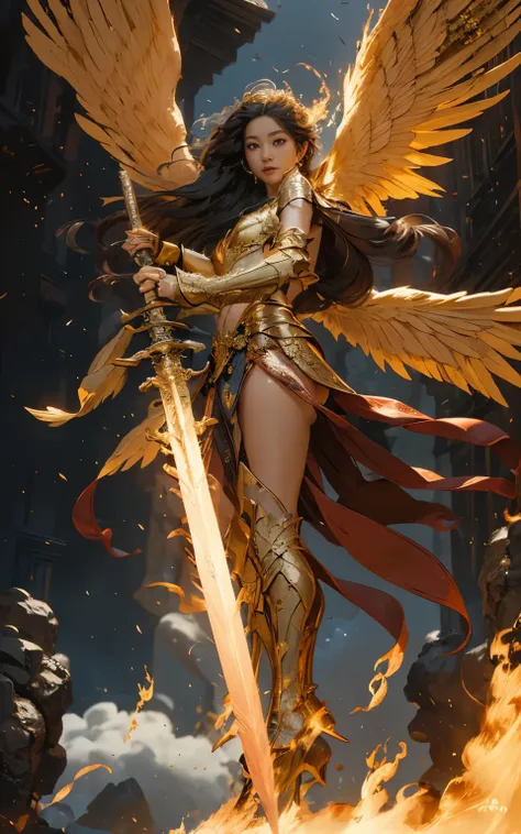 angel,super powerful flame angel flies out of the clouds, behind him，golden meteor magic surrounds his body, beauty，asian women,...