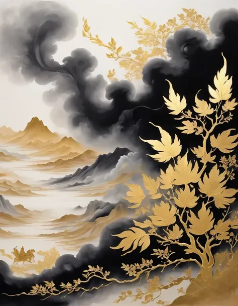 (gold leaf art:1.5)，A black and gold-rimmed giant hand fell from the sky, Dunhuang murals as background, minimalist, line art, From front and center to ghostly smoke, Transition from entity to ghost, Smart, powerful and calm, Rich in details, Psychedelic, ...