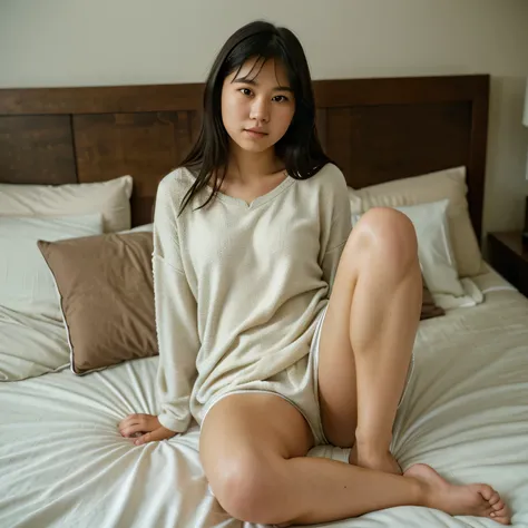 Capture a full-body portrait of a young Asian girl with medium-length black hair and brown eyes. She is dressed in loose-fitted pajamas and laying on a bed, facing the camera in an indoor setting. The photograph should be taken with a Hasselblad camera usi...