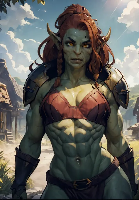 Orc warrior girl with yellow eyes and red hair walks through the forest, bare chest, hairy pubis, your ideal body and face, illuminated by the sun&#39;s rays. Her belly is exposed, and her light armor glistens in the sun, when she moves with purpose.