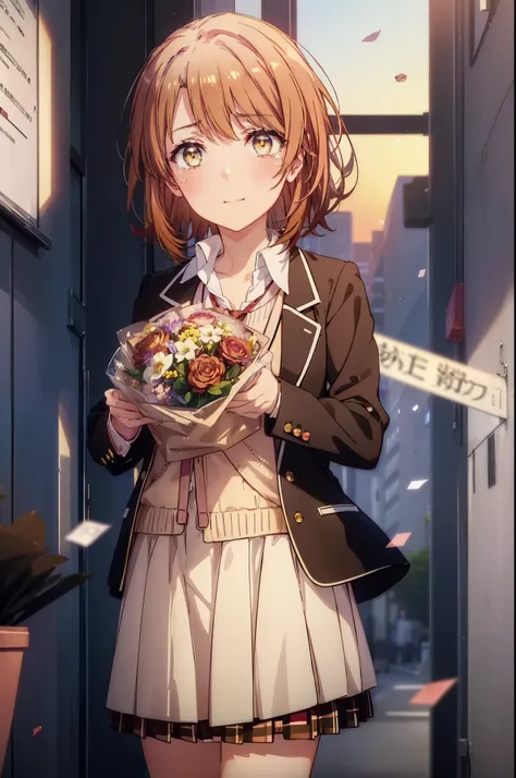 irohaisshiki, Isshiki Iroha, short hair, brown hair, (Brown ruby eyes:1.5), smile,blush,Tears running down her face,Tears of joy、I cry a lot、break skirt, shirt, ribbon, , Jacket, white shirt, open clothes, socks, open Jacket, black Jacket, plaid, knee high...