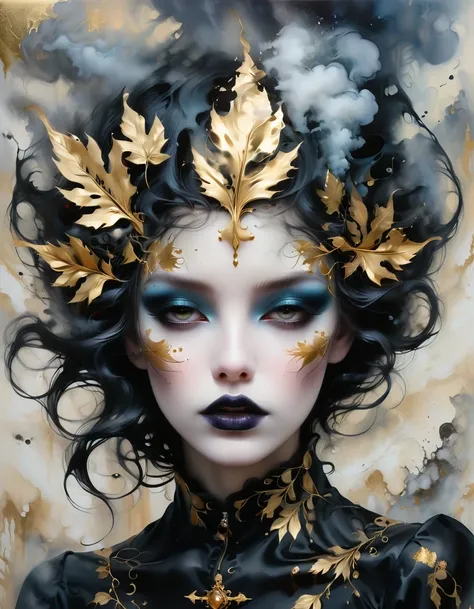 (gold leaf art:1.5)，abstract painting,goth girl，Smoky makeup,Illustration in surreal art style,Postmodern heavy metal style