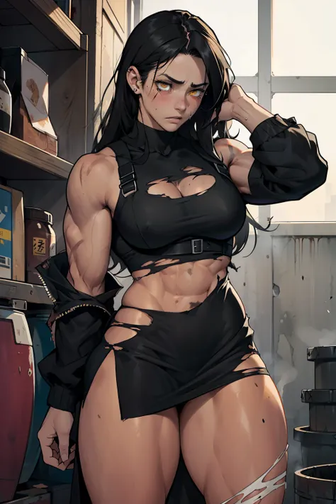 pale skin black hair yellow eyes, solo, (((breasts))), navel, abs, midriff, ((torn clothes)), bruised, bruises, ((bleeding)), ((bruise)), (tears), crying, (tan), from behind, (((((muscular))))), (((((thick thighs))))), (((black dress)))