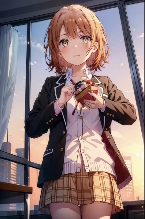 irohaisshiki, Isshiki Iroha, short hair, brown hair, (Brown ruby eyes:1.5), smile,blush,Tears running down her face,Tears of joy、I cry a lot、break skirt, shirt, ribbon, , Jacket, white shirt, open clothes, socks, open Jacket, black Jacket, plaid, knee high...