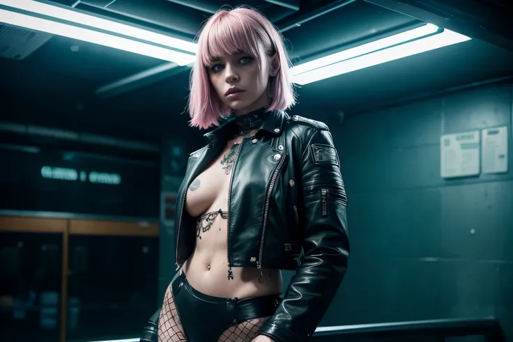 (Best Quality,hight resolution,Masterpiece, full body shot:1.2),Ultra-detailed, punk woman dressed in leather jacket and lace lingerie, standing in a subway at night, teal neon lights, piercings and tattoes,fetish,dark fashion photography, punk woman, high...