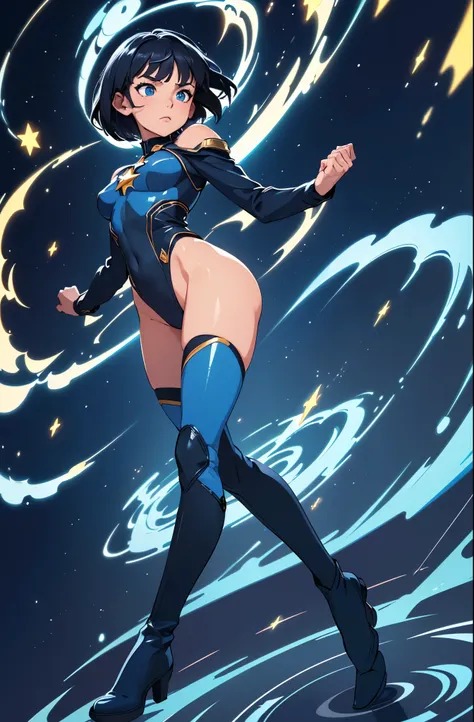 masterpiece, best quality, 1girl, superhero, ((leotard, dark blue leotard)), long sleeves, bare legs, boots, dark blue boots, matching boots, medium breasts, diffraction spikes, light particles, standing, standing straight, dark blue hair, ((short hair, bo...